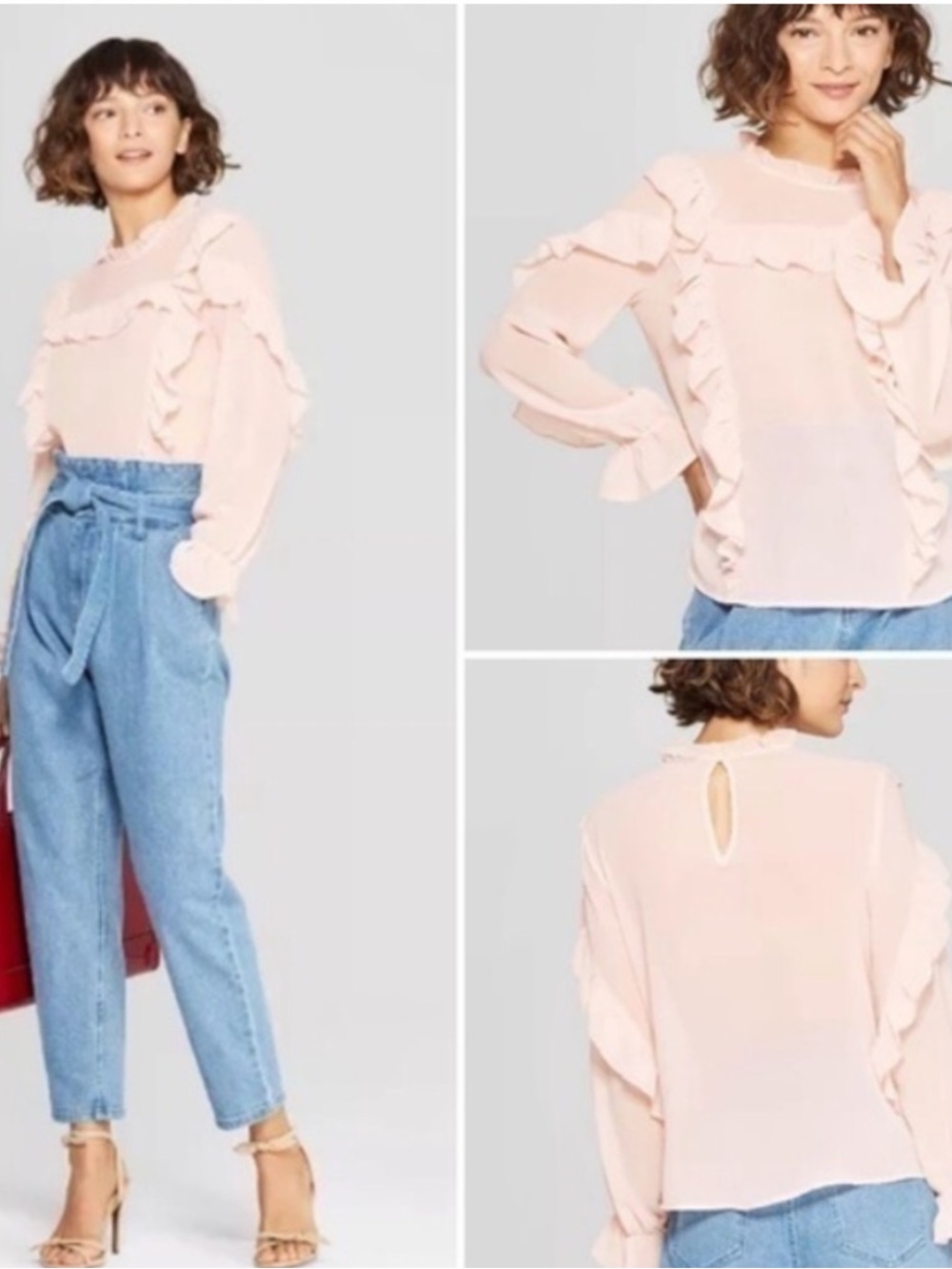 Who What Wear Pale Pink Ruffle Sheer Blouse medium.